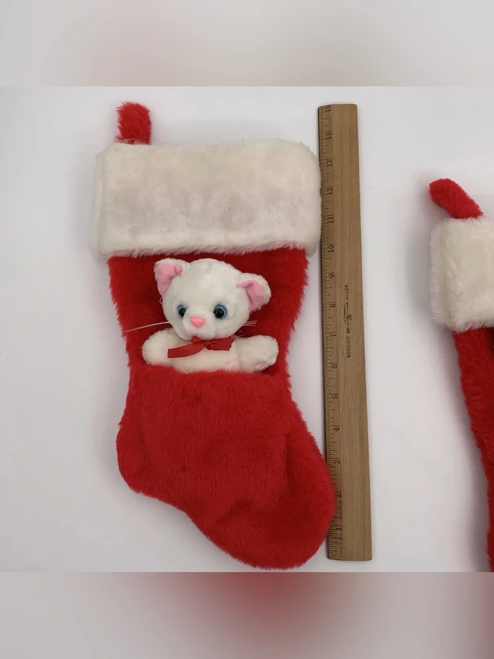 2 Vintage Santa’s Best Christmas Stockings 14” Small Mouse Cat Stuffed Animals.